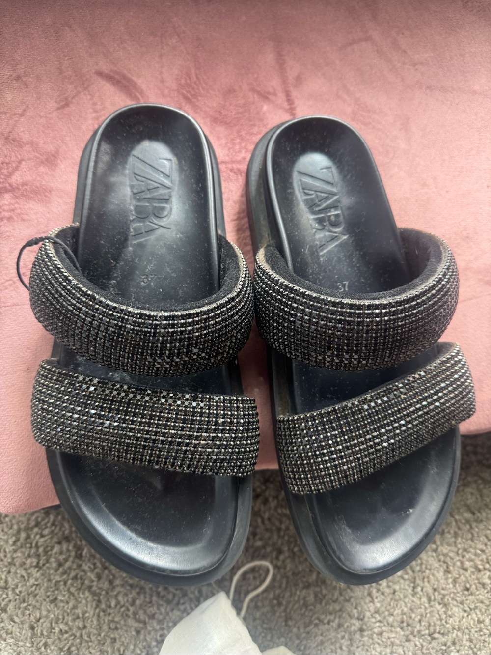 Zara Black Crystal-Embellished Double-Strap Slide Mules